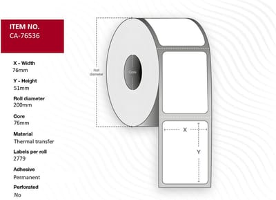 Capture Label 76 x 51mm, Kern 76mm, Thermische Transfer, Polyester, Permanent, Geen perforatie, 2779 labels per rol, 6 rollen per doos