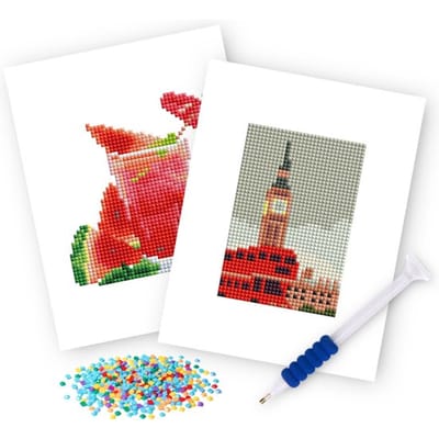 Rubye® Mini Diamond Paintings - 2 stuks - Set - Volwassenen - Diamond Painting Kinderen - Big Ben & Watermeloen Cocktail- 15x20cm
