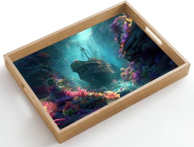 Dienblad hout 50x35 cm - Schootdienblad - Schip - Hout - Koraalriffen - Zonlicht - Borrelplank rechthoek - Plateau dienbladen