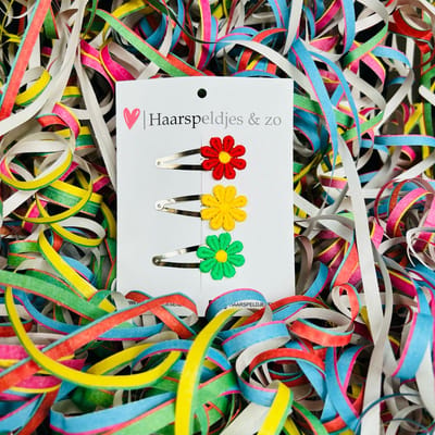Rood/geel/groen (rode/gele/groene) madeliefjes op klikklakspeldjes - carnaval - haaraccessoires — 5 cm speldjes