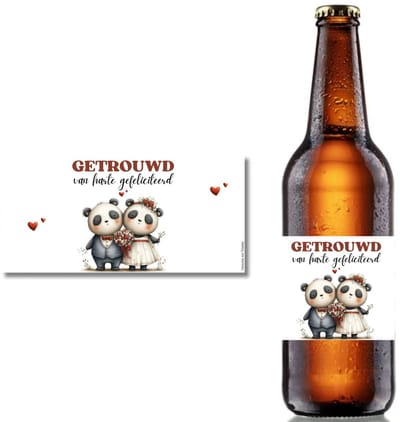 Bieretiket Getrouwd – Panda Bruidspaar – Gepersonaliseerd Flesetiket – 18,5 x 9 cm – Huwelijk Cadeau - Etiket