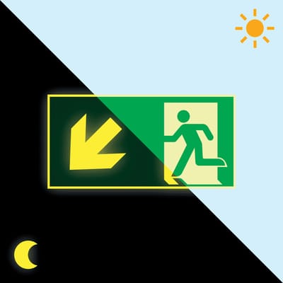 Extra lichtgevend nooduitgang bord pijl linksonder - kunststof - E001 300 x 150 mm