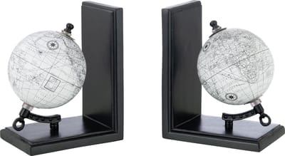 J-Line boekensteun Wereldbol - hout - grijs/zwart - set van 2