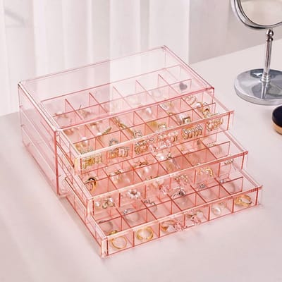 Acryl sieradendoos met 3 lades, opbergdoos voor oorbellen, sieradendoos met vakjes, transparante opbergdoos voor oorbellen, hangers en kralen, een cadeau voor vrouwen en meisjes (roze).