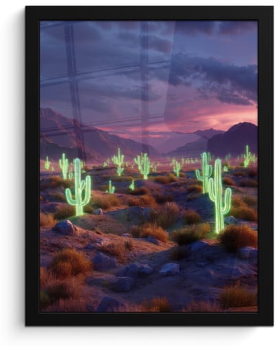 Poster in lijst - Fotolijst 30x40 cm - Posters - Neon cactussen - Woestijn - Zonsondergang - Posterlijst zwart - Decoratie - Wanddecoratie woonkamer - Muurdecoratie slaapkamer