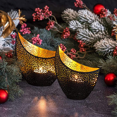 Gadgy Waxinelichthouder Oosters - Theelichthouders Raam of Woonkamer - Set van 2 - Decoratie voor Binnen 16&14.5CM - Kaarsenhouders voor Waxinelichten - Metaal Zwart / Goud - Cadeautje voor Haar