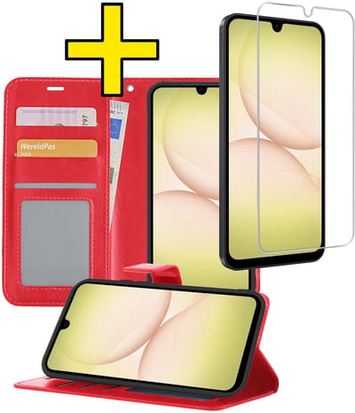 Hoesje - Met Screenprotector - Geschikt voor Samsung Galaxy A17 - Luxe Pasjeshouder - Bookcase Portemonee - Flip Case - Kunstleer Book Case - Flipcase - Book Cover - Walletcase - Portemonneehoes - Telefoonhoesjes - Rood