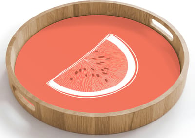 Dienblad rond 40x40 cm - Schootdienblad hout - Watermeloen - Lijnen - Koraalrood - Borrelplank rechthoek - Plateau houten dienbladen