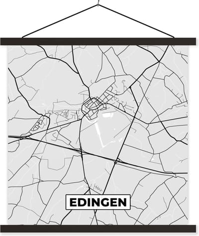 Posterhanger incl. Poster 60x60 cm - Schoolplaat - Zwart Wit – België – Plattegrond – Stadskaart – Kaart – Edingen - Textielposter - Zwarte latten - Stadskaart