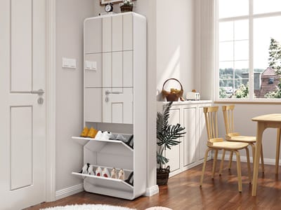 MEUNIQ schoenenkast met spiegel 176 cm hoog, 5 kleppen voor 15 paar schoenen, staande smalle schoenenopberger voor hal of slaapkamer, wit