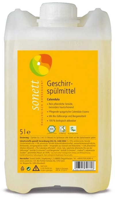 Afwasmiddel Calendula 5 liter Natuurlijk Ecologisch Vloeibaar Vaatwasmiddel met Plantaardige Zeep, Biologisch Afbreekbaar & Huidvriendelijk voor Stralend Schone Vaat