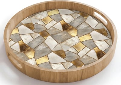 Dienblad rond 40x40 cm - Schootdienblad hout - Mozaïek - Marmer - Goud - Borrelplank rechthoek - Plateau houten dienbladen