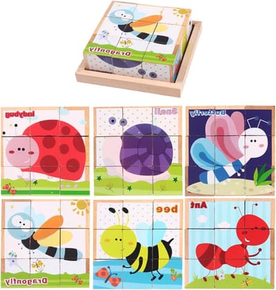 Houten Kubuspuzzel - Blokken Puzzel - Vroeg Leren - Met Opbergbak - 10.5 cm - Insectenmodel