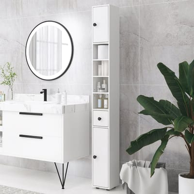 REDOM - Badkamerkast - Smal - Met Lade En 4 Open Vakken - Badkamer - Spaanplaat - Wit - 180 x 20 x 20 cm