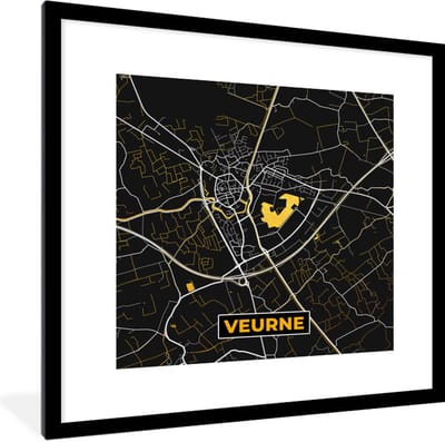 Fotolijst incl. Poster - Veurne - Plattegrond - Kaart - Goud - Stadskaart - 40x40 cm - Posterlijst