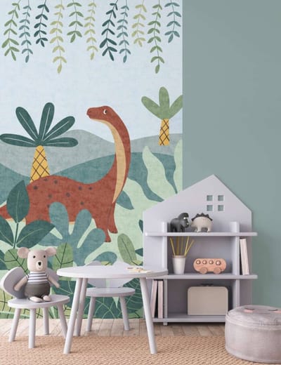 DINOSAURUS FOTOBEHANG | Kinderkamer - Blauw Groen Kleurrijk - A.S. Création Lilly & Luis