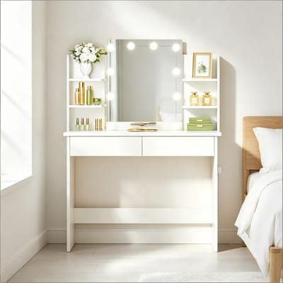 STILVORA Kaptafel - Met Ledspiegel En 2 Laden - Voor Slaapkamer En Make-upruimte - Massief Hout En Kunststof - 90x40x135 Cm - Wit