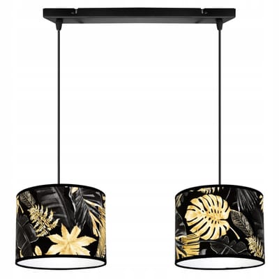Light Home GOLD FLOWERS – Hanglamp – 2-Lichts – Zwart met Gouden Bloemen – Stoffen Kap 20 cm – Verstelbaar tot 90 cm