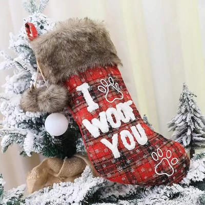 1 st Hond Kerstversieringen Sokken Hangers Kerst Bontkraag Geruite Sokken Kerstboom Decoraties Navidad Groothandel gray