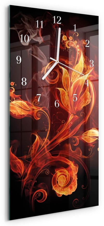 Tulup Wandklok - Vuurbloem Wandklok Glas Met Motief - 30x60 cm - Oranje Decoratieve Glazen Klok - Witte Handen - Rechthoekige Wandklok - Klok Glas Met Opdruk - Moderne Wandklok Glas