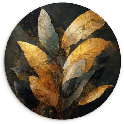 WallCircle® Wandcirkel 120x120 cm - Muurcirkel Gouden Bladcompositie – Botanische Luxe - Muurdecoratie woonkamer - Wanddecoratie slaapkamer - Kamer decoratie accessoires - Ronde schilderijen XXL