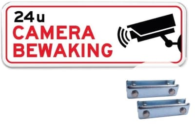 Camerabewaking bord - Weerbestendig Aluminium - 40x15 cm - Bevestiging: Met hekbeugels (voor spijlen- of gaashek)