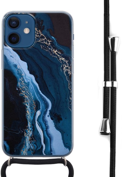 Hoesje met koord - Geschikt voor iPhone 12 Mini - Marmer kobaltblauuw - Verstelbaar zwart koord - Transparant, Blauw - Marmer - Leuke Telefoonhoesjes