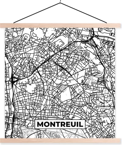 Posterhanger incl. Poster 40x40 cm - Schoolplaat - Stadskaart - Plattegrond - Montreuil - Kaart - Frankrijk - Zwart wit - Textielposter - Blanke latten - Stadskaart