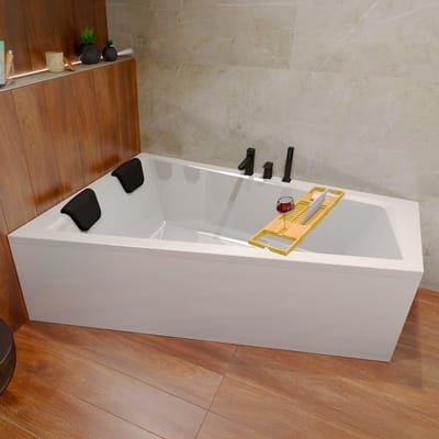Badland INTIMA hoekbad 150 x 85 cm links wit met styropor ombouw met baddrager met hoofdsteun met bamboe badplank