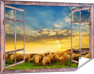 Gards Tuinposter Doorkijk Kudde Schapen op het Gras bij Zonsondergang - 120x80 cm - Tuindoek - Tuindecoratie - Wanddecoratie buiten - Tuinschilderij