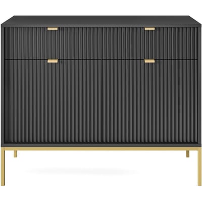 Selsey Vellore - tweedeurs ladekast 104 cm - zwart met gecanneleerde fronten en goudkleurige omlijsting