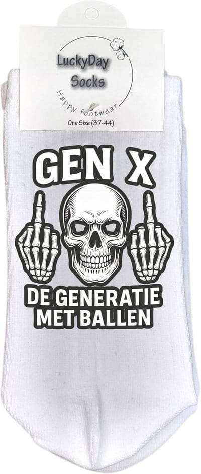 Gen X - Generatie X - Skelet - LuckyDay Socks - Skull sokken - Grappige sokken - Sport sokken - Vaderdag - Moederdag - Cadeau sokken - Verjaardag cadeau - Beterschap cadeau - Opkikker - Schoen cadeau - Kerst cadeau - Maat 37-44