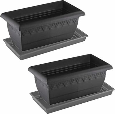 2x stuks antraciet grijze plantenbakken/bloembakken met onderschaal/water opvang bord - formaat 40 x 20 x 16 cm