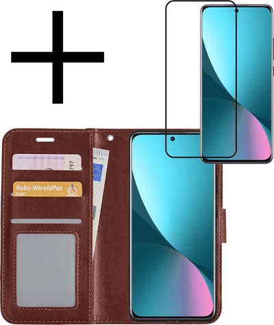 Hoesje - Met Screenprotector - Geschikt voor Xiaomi 12 - Luxe Pasjeshouder - Bookcase Portemonee - Flip Case - Kunstleer Book Case - Flipcase - Book Cover - Walletcase - Portemonneehoes - Bruin