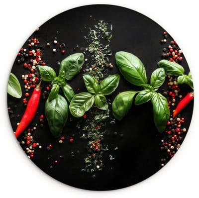 WallCircle® Wandcirkel 120x120 cm - Muurcirkel Chilipepers - Basilicum - Blaadjes - Rood - Muurdecoratie woonkamer - Wanddecoratie slaapkamer - Kamer decoratie accessoires - Ronde schilderijen XXL
