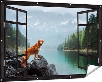 Gards Tuinposter Doorkijk Retriever Hond bij het Water in de Bergen - 150x100 cm - Tuindoek - Tuindecoratie - Wanddecoratie buiten - Tuinschilderij