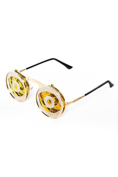 KIMU® Flip Up Zonnebril Ogen - Goud Montuur - Zilver Oranje Glazen - Illuminati Derde Oog Mysterie Steampunk Vintage Retro Opplakbaar Bril Festival
