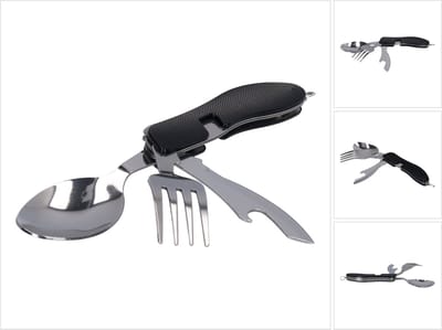 Toolbrothers 4-in-1 multifunctionele bestekset in zwart, bestaande uit lepel, mes, vork, flesopener, kampeeruitrusting, opvouwbaar, gemakkelijk schoon te maken