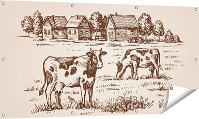 Gards Tuinposter Getekende Koeien op een Boerderij - Abstract - 140x70 cm - Tuindoek - Tuindecoratie - Wanddecoratie buiten - Tuinschilderij