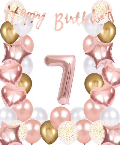 Snoes Ballonnen 7 Jaar Rose Gold White Dots - Compleet Feestpakket met cijfer ballon 7 Jaar - Verjaardag Versiering Slinger Happy Birthday – Folieballon – Latex Ballonnen - Helium Ballonnen - Rose Feestpakket