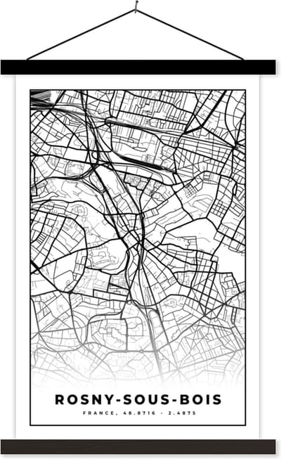Posterhanger incl. Poster 40x60 cm - Schoolplaat - Kaart - Plattegrond - Rosny-sous-Bois - Frankrijk - Stadskaart - Zwart wit - Textielposter - Zwarte latten - Stadskaart