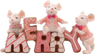 Viv! Christmas Kerstbeeld - 'Merry' Muizen - pastel roze - 23x12cm