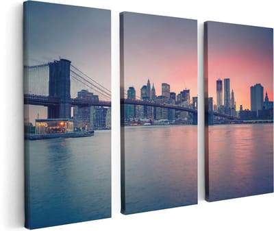 Artaza Canvas Schilderij Drieluik New York Brooklyn Brug Bij Zonsondergang - 120x80 cm - Wanddecoratie Woonkamer - Schilderijen - Muurdecoratie