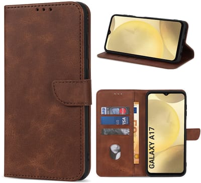 Multimedia & Accessoires PU Lederen Book Case Hoesje geschikt voor Samsung Galaxy A17 – Donkerbruin - Portemonnee – Met Stand – Kaarthouder – Pasjes Houder – Magneet Sluiting – Bookcase