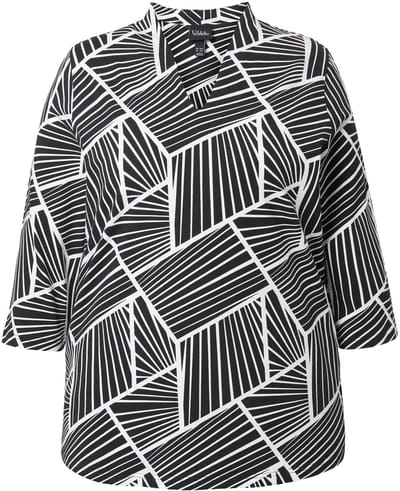 Ulla Popken - Dames - Shirt grafische print gobletkraag 3/4-mouwen - Zwart - Maat 42+