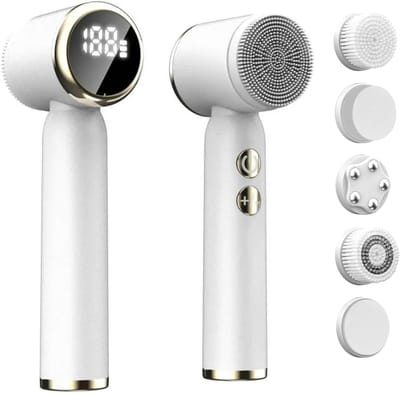 KZQ Elektrische gezichtsreinigingsborstel wit – 6-in-1 huidverzorgingsset met massage – Oplaadbaar, waterdicht, 5 borstelkoppen – Tegen onzuiverheden en voor een jeugdige uitstraling – Cadeauset