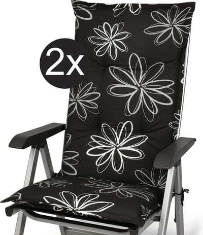 Beautissu Flores – Set van 2 Tuinkussens Hoge Rug 120x50x6 cm Zitkussen Tuinstoel UV-lichtecht Tuinstoelkussens Zwart Kussen met Print