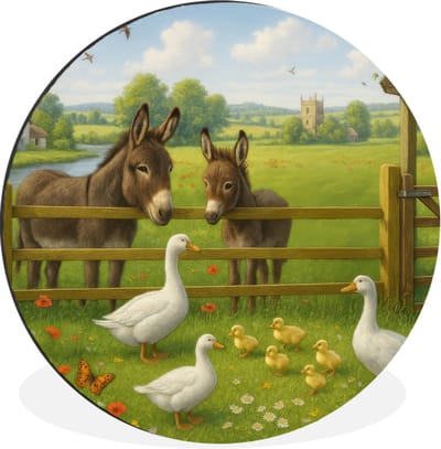 WallCircle - Wandcirkel - Muurcirkel - Ezels - Ganzen - Kleurrijk - Aluminium - Dibond - 30x30 cm - Binnen en Buiten