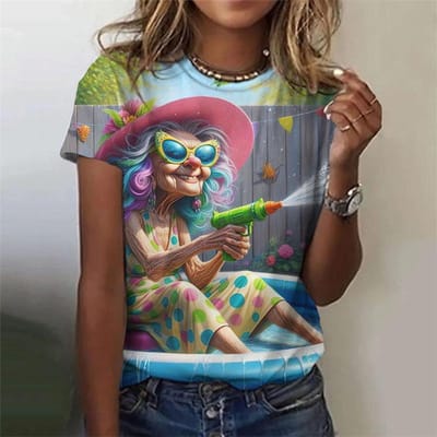 Cartoon Oma 3D Geprint T-shirt Voor Vrouwen Kleurrijke Mode Grafische T-shirts Zomer Casual T-shirts Ronde Hals Tops Korte Mouwen XL