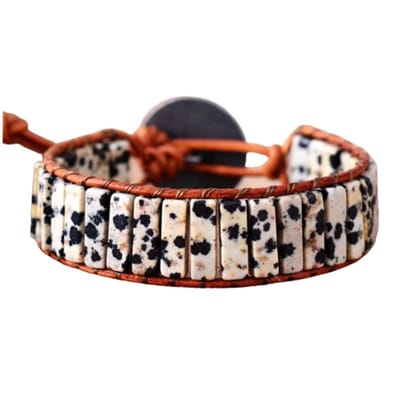 Marama - armband Dalmatiër Jaspis - lichtbruin leer - verstelbaar - edelsteen - 20 cm - cadeautje voor haar